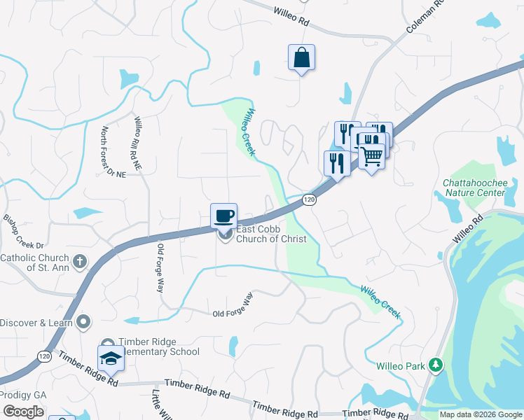map of restaurants, bars, coffee shops, grocery stores, and more near 2155 Watercrest Commons Circle in Marietta