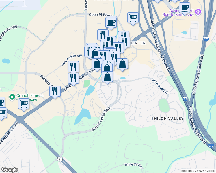 map of restaurants, bars, coffee shops, grocery stores, and more near 2015 Barrett Lakes Boulevard in Kennesaw