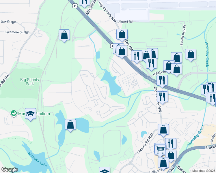 map of restaurants, bars, coffee shops, grocery stores, and more near 1949 Lakeshore Overlook Circle Northwest in Kennesaw