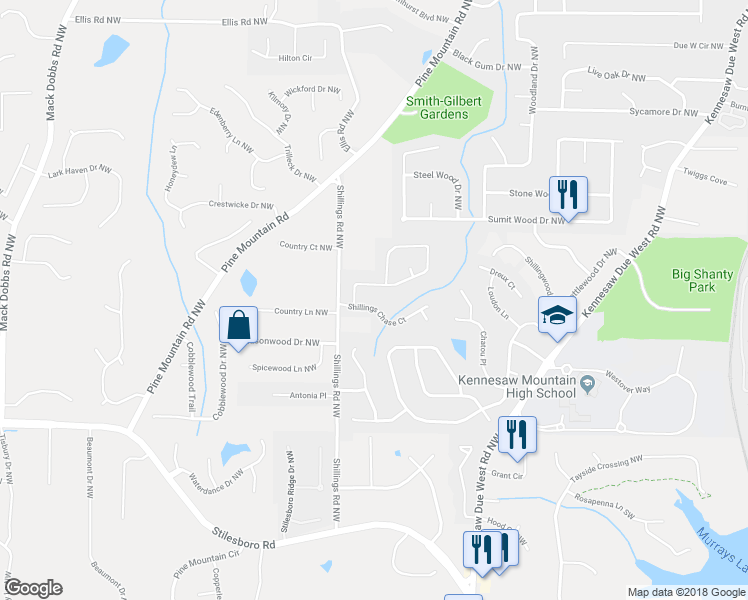 map of restaurants, bars, coffee shops, grocery stores, and more near 2863 Shillings Chase Court in Kennesaw