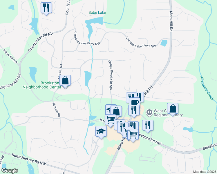 map of restaurants, bars, coffee shops, grocery stores, and more near 2001 Haydenbrook Drive Northwest in Acworth
