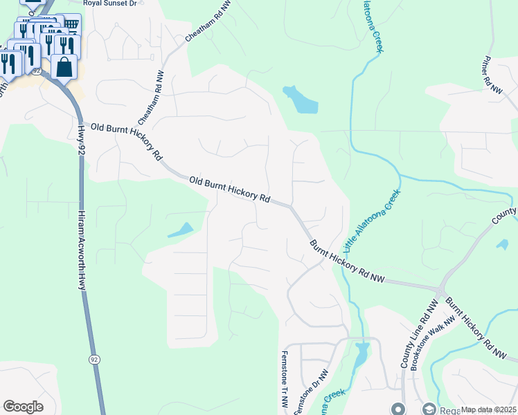 map of restaurants, bars, coffee shops, grocery stores, and more near 63 Brookstone Park East in Acworth