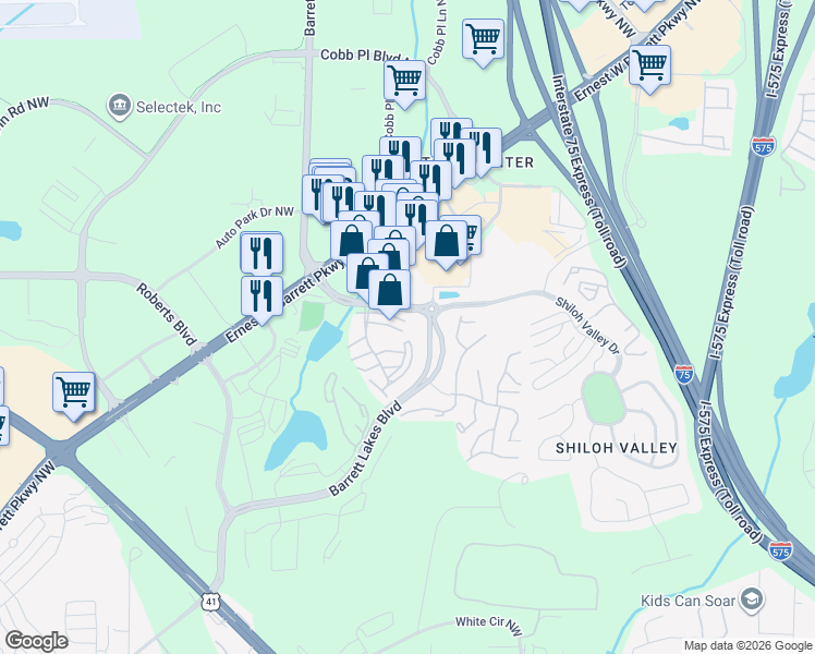 map of restaurants, bars, coffee shops, grocery stores, and more near 2015 Barrett Lakes Boulevard in Kennesaw