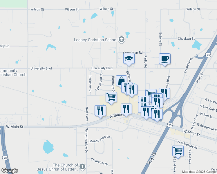 map of restaurants, bars, coffee shops, grocery stores, and more near 3611 Dawna Street in Durant