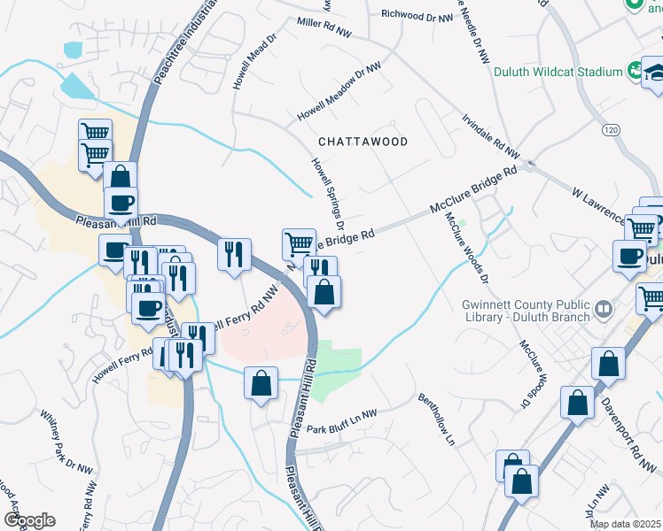 map of restaurants, bars, coffee shops, grocery stores, and more near 3470 McClure Bridge Road in Duluth
