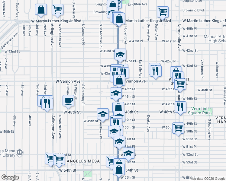 map of restaurants, bars, coffee shops, grocery stores, and more near 1716 West 45th Street in Los Angeles