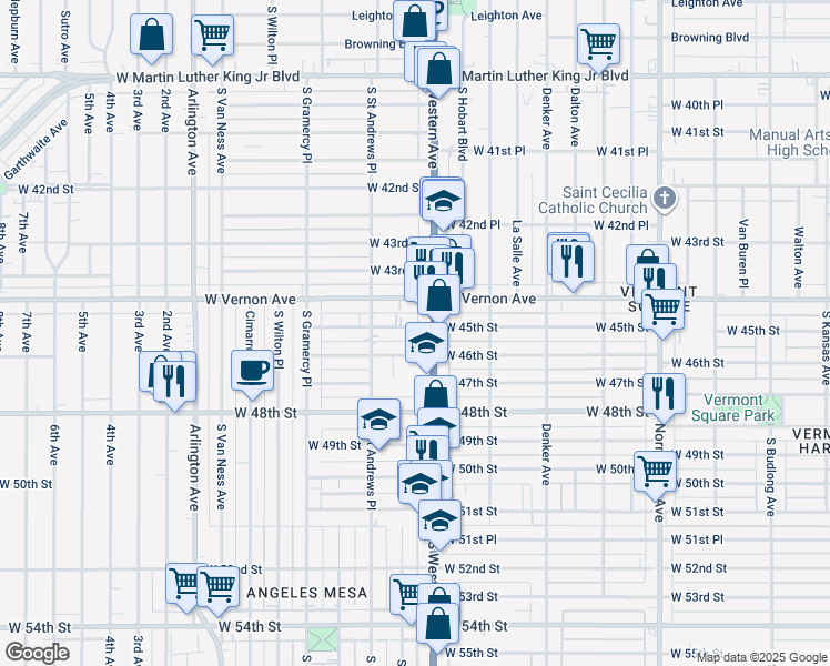 map of restaurants, bars, coffee shops, grocery stores, and more near 1717 West 46th Street in Los Angeles