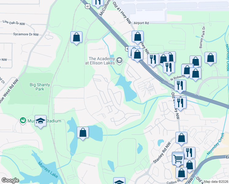 map of restaurants, bars, coffee shops, grocery stores, and more near 2092 Lakeshore Overlook Drive in Kennesaw