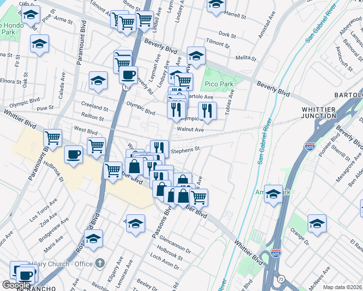 map of restaurants, bars, coffee shops, grocery stores, and more near 9365 Via Azul in Pico Rivera