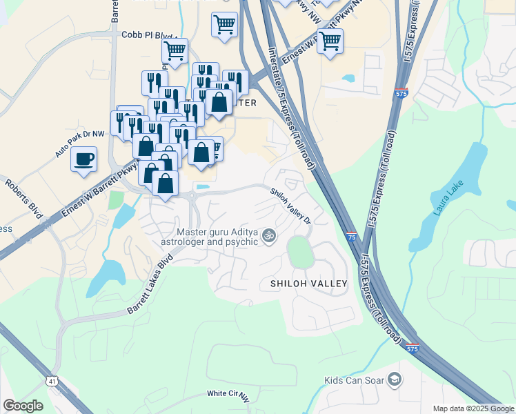 map of restaurants, bars, coffee shops, grocery stores, and more near 330 General Wheeler Court in Kennesaw