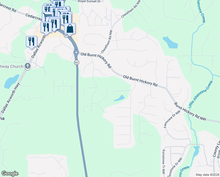 map of restaurants, bars, coffee shops, grocery stores, and more near 122 Foxtail Pass in Acworth