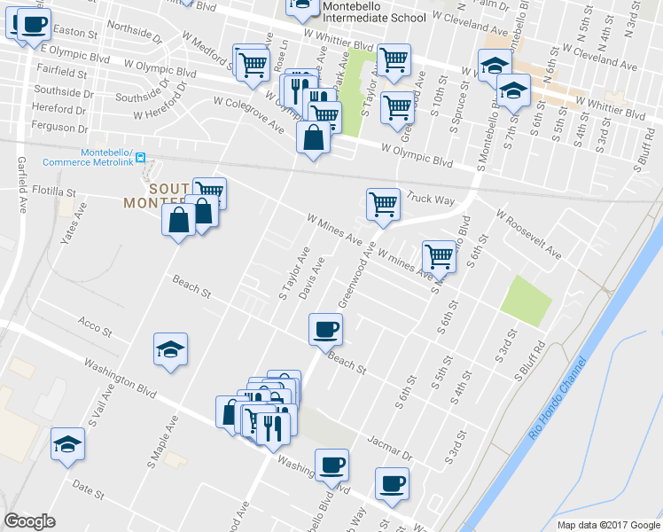 map of restaurants, bars, coffee shops, grocery stores, and more near 637 Carmelita Place in Montebello