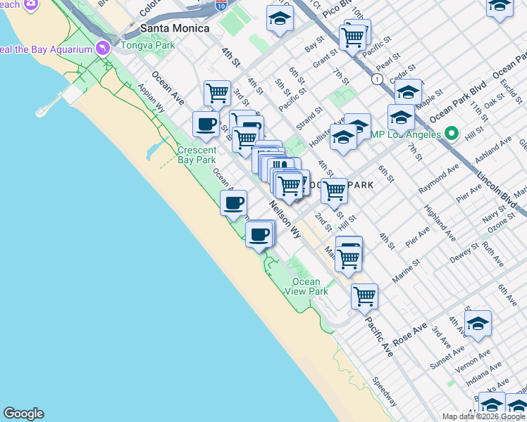 map of restaurants, bars, coffee shops, grocery stores, and more near 145 Hart Avenue in Santa Monica