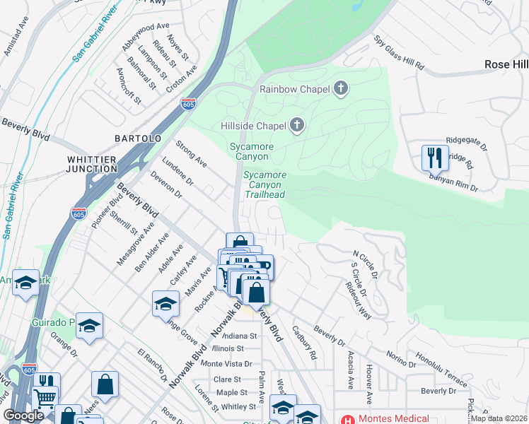 map of restaurants, bars, coffee shops, grocery stores, and more near 5032 Tierra Antigua Drive in Whittier