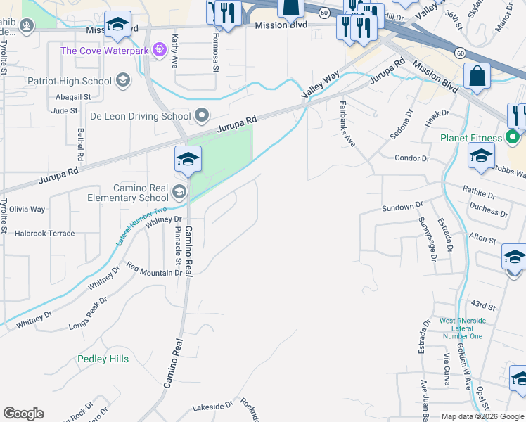 map of restaurants, bars, coffee shops, grocery stores, and more near 4714 Laurel Ridge Drive in Riverside
