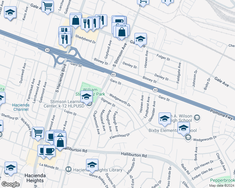 map of restaurants, bars, coffee shops, grocery stores, and more near 1437 Armington Avenue in Hacienda Heights