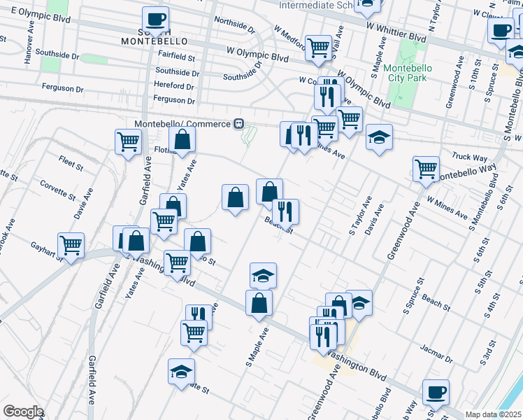 map of restaurants, bars, coffee shops, grocery stores, and more near South Vail Avenue in Montebello