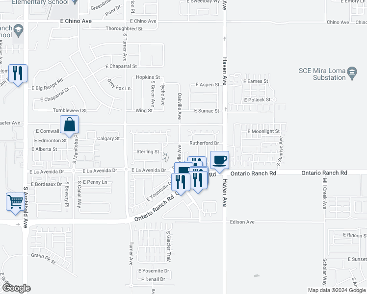 map of restaurants, bars, coffee shops, grocery stores, and more near 3314 Rutherford Drive in Ontario