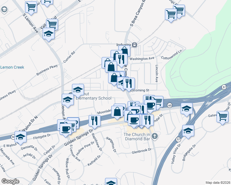 map of restaurants, bars, coffee shops, grocery stores, and more near 20928 Lycoming Street in Walnut