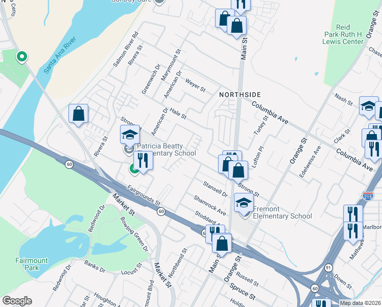 map of restaurants, bars, coffee shops, grocery stores, and more near 3948 Strong Street in Riverside