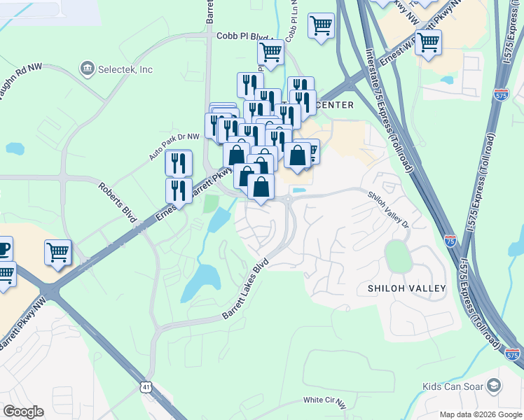 map of restaurants, bars, coffee shops, grocery stores, and more near 2015 Barrett Lakes Boulevard in Kennesaw