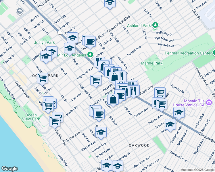map of restaurants, bars, coffee shops, grocery stores, and more near 745 Navy Street in Santa Monica