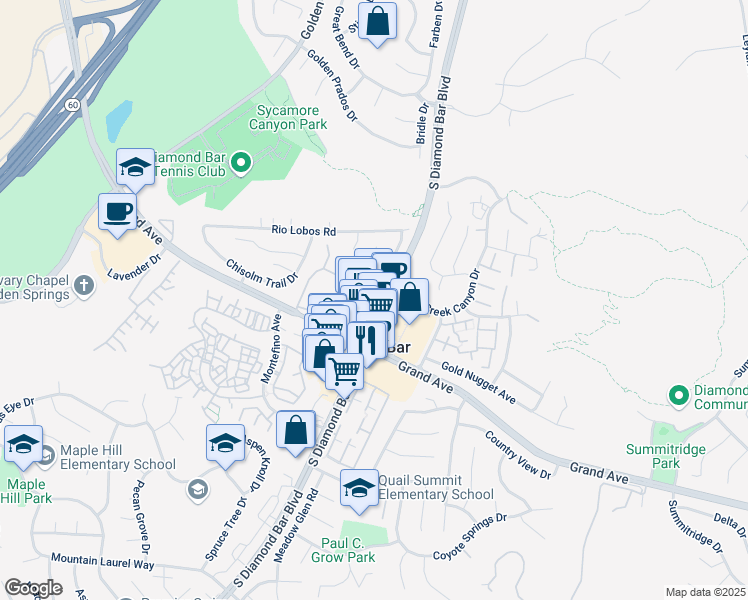 map of restaurants, bars, coffee shops, grocery stores, and more near 1155 South Diamond Bar Boulevard in Diamond Bar