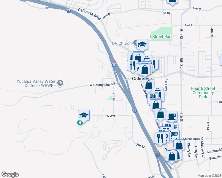 map of restaurants, bars, coffee shops, grocery stores, and more near 946 7th Place in Calimesa