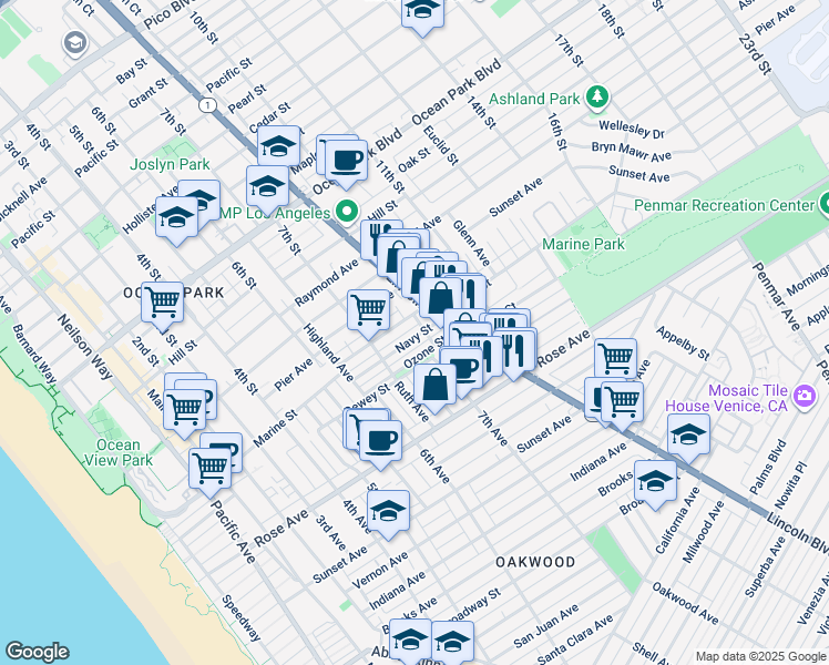 map of restaurants, bars, coffee shops, grocery stores, and more near 745 Navy Street in Santa Monica