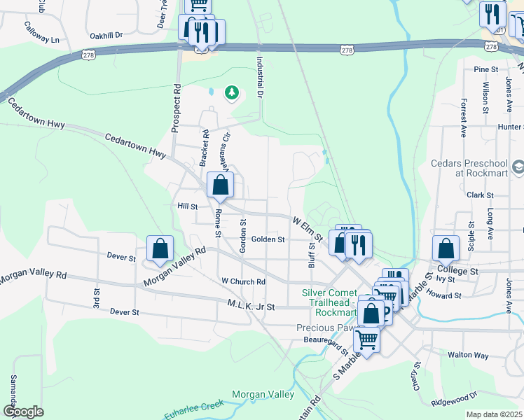 map of restaurants, bars, coffee shops, grocery stores, and more near 702 West Elm Street in Rockmart