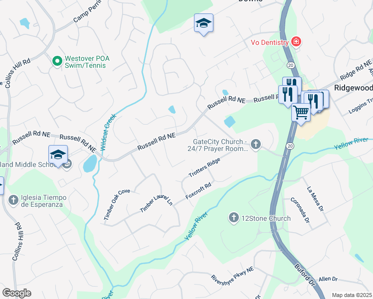 map of restaurants, bars, coffee shops, grocery stores, and more near 380 Russell Road in Lawrenceville