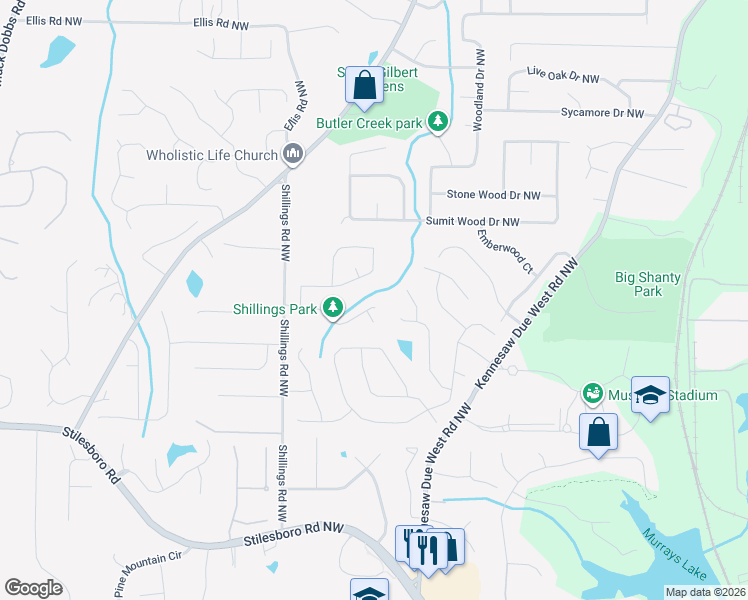 map of restaurants, bars, coffee shops, grocery stores, and more near 2881 Shillings Chase Court in Kennesaw