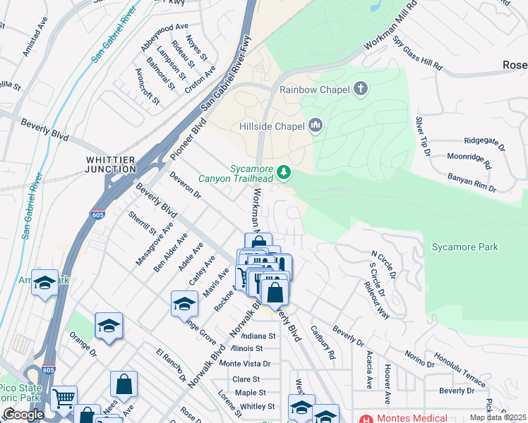 map of restaurants, bars, coffee shops, grocery stores, and more near 5122 Cantabrian Court in Whittier