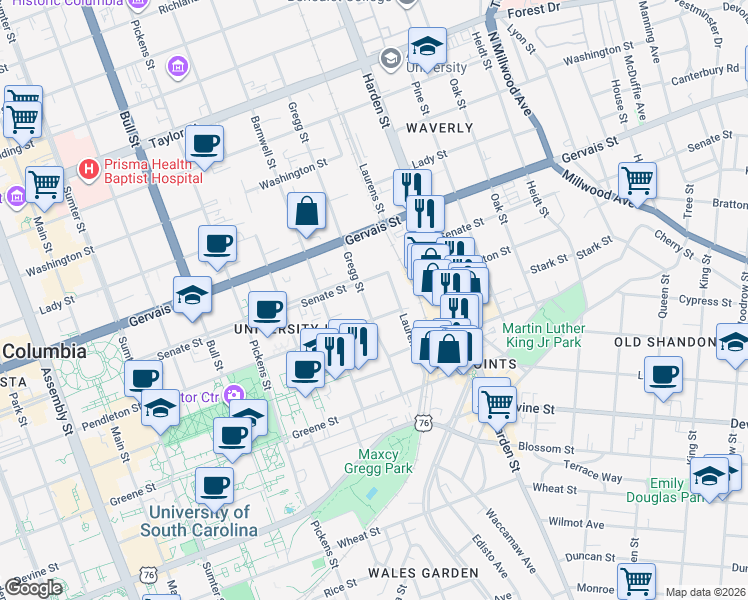 map of restaurants, bars, coffee shops, grocery stores, and more near in Columbia