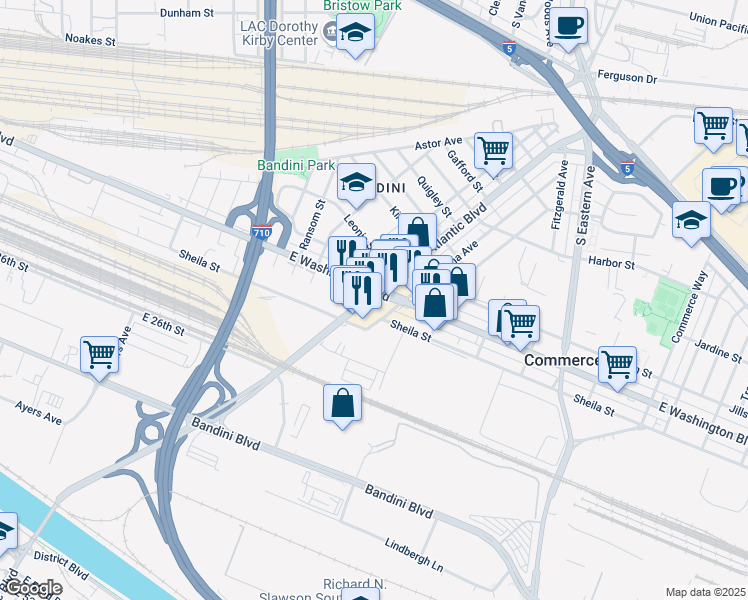 map of restaurants, bars, coffee shops, grocery stores, and more near 2480 South Atlantic Boulevard in Commerce