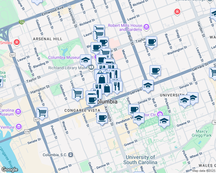 map of restaurants, bars, coffee shops, grocery stores, and more near 1155 Lady Street in Columbia