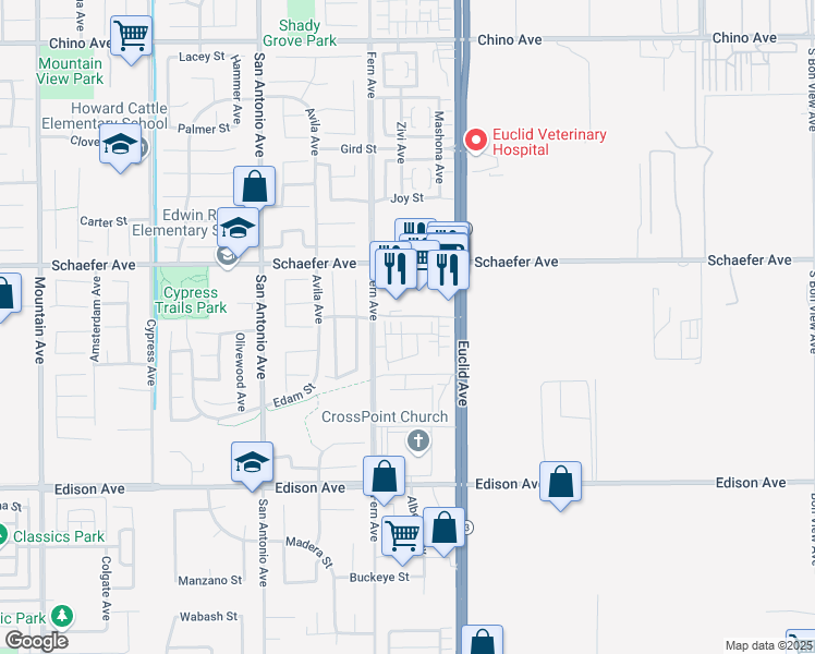 map of restaurants, bars, coffee shops, grocery stores, and more near 6962 Silverado Street in Chino