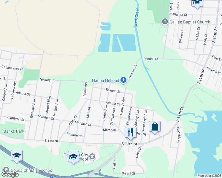 map of restaurants, bars, coffee shops, grocery stores, and more near 1406 Pierce Avenue in Gadsden