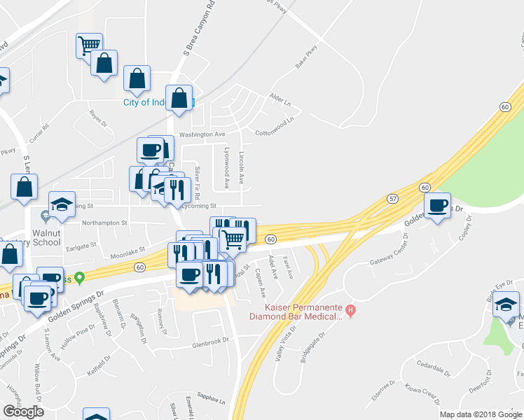 map of restaurants, bars, coffee shops, grocery stores, and more near 21284 Lycoming Street in Walnut