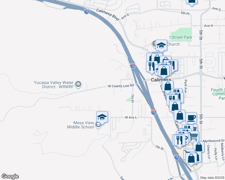 map of restaurants, bars, coffee shops, grocery stores, and more near 940 Archie Valley Court in Calimesa