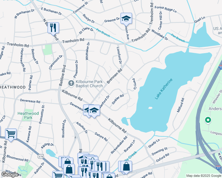 map of restaurants, bars, coffee shops, grocery stores, and more near 1325 Sanford Drive in Columbia