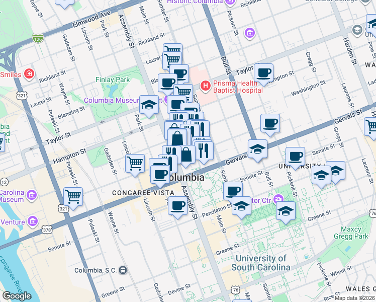 map of restaurants, bars, coffee shops, grocery stores, and more near 1122 Lady Street in Columbia