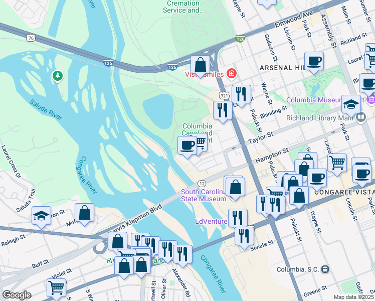 map of restaurants, bars, coffee shops, grocery stores, and more near 325 Taylor Street in Columbia
