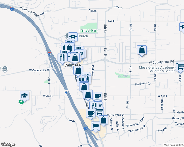 map of restaurants, bars, coffee shops, grocery stores, and more near 992 Park Avenue in Calimesa