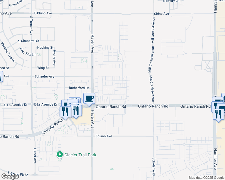 map of restaurants, bars, coffee shops, grocery stores, and more near 3605 East Delight Paseo in Ontario