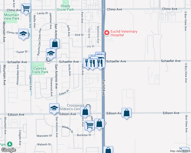 map of restaurants, bars, coffee shops, grocery stores, and more near 13855 Rio Bravo Avenue in Chino