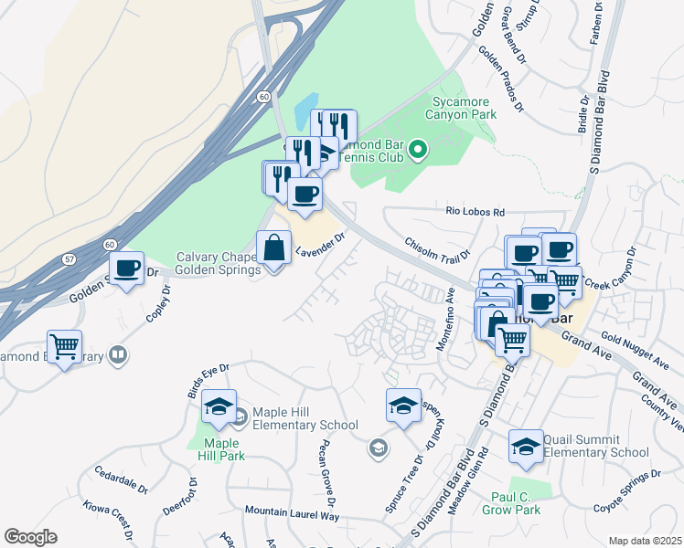 map of restaurants, bars, coffee shops, grocery stores, and more near 836 Terrace Lane East in Diamond Bar