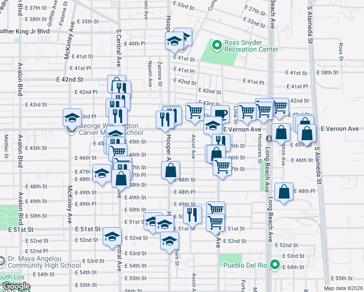 map of restaurants, bars, coffee shops, grocery stores, and more near 1350 East 46th Street in Los Angeles