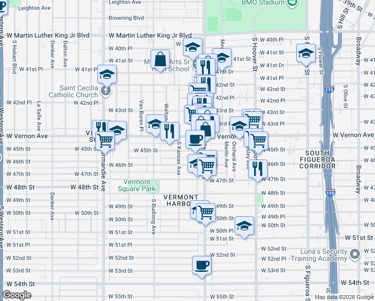 map of restaurants, bars, coffee shops, grocery stores, and more near 1041 West 46th Street in Los Angeles