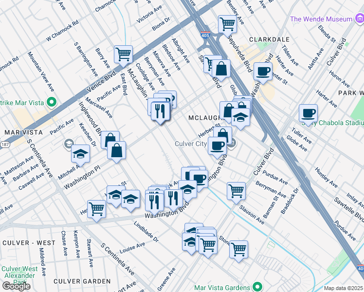 map of restaurants, bars, coffee shops, grocery stores, and more near 4130 McLaughlin Avenue in Los Angeles